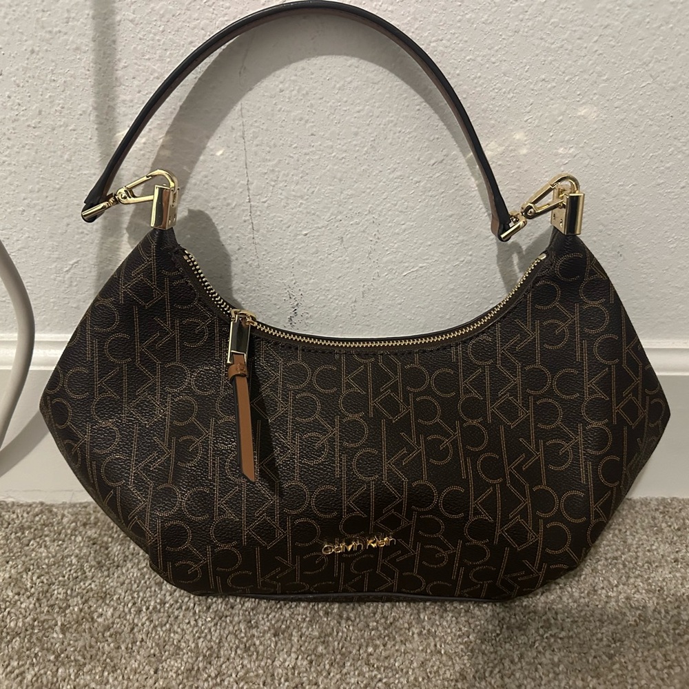 Calvin Klein Black and Brown Logo Shoulder Bag